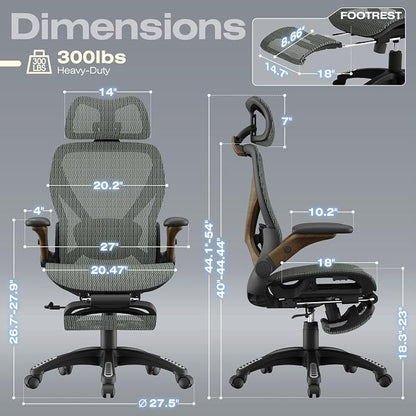 ELABEST X100 Ergonomic Mesh Office Chair with Footrest, Big and Tall Hone Desk Chair with 5D Flip-Up Arms, Adjustable 3D Lumbar Support,Gaming & Executive Computer Chairs