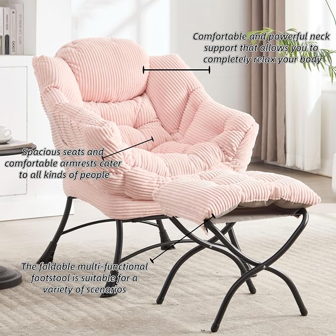 Modern Lazy Chair with Ergonomic Ottoman, Comfortable Lounge Chair with Footrest for Space Saving, Comfy Reading Armchair for Living Room, Bedroom, Office, Pink