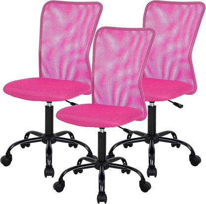 FDW Home Office Chair Mid Back Mesh Desk Chair Armless Computer Ergonomic Task Rolling Swivel Chair Back Support Adjustable Modern with Lumbar Support (Pack of 3, Pink)