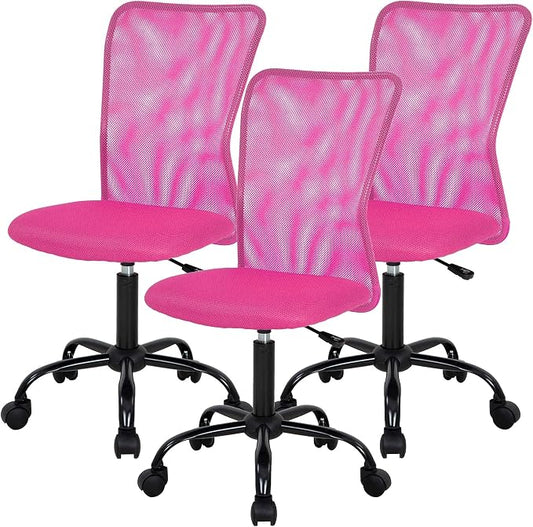 FDW Home Office Chair Mid Back Mesh Desk Chair Armless Computer Ergonomic Task Rolling Swivel Chair Back Support Adjustable Modern with Lumbar Support (Pack of 3, Pink)