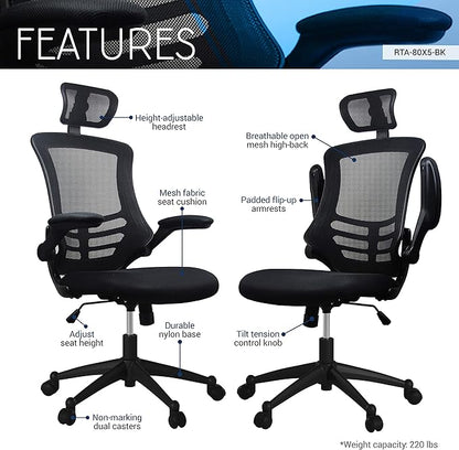 Techni Mobili Modern Ergonomic High-Back Office Chair, Executive Mesh Home Office Chair with Adjustable Headrest & Flip Up Arms, Black , 49.5" x 26.37" x 26.37"