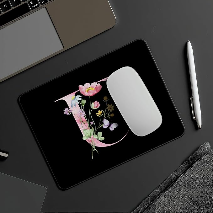 Mouse Pad Pinks Flowers Initial Letters Mousepad Desktop Laptop Computer Accessories Home Office Gaming Work Desk Computer Non-Slip Rubber Monogram Floral Alphabet A-Z mousepad (U)