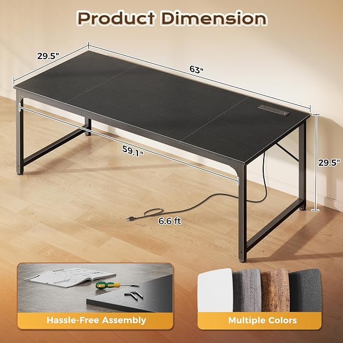 PRAISUN 63 X 30 Inch Computer Desk with Power Outlets & USB-C Port,Larger and Longer Office Desk with Deeper Desktop, Study, Bedroom, Writing Work from Home Table, Metal Frame, Black