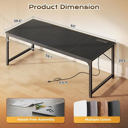 PRAISUN 63 X 30 Inch Computer Desk with Power Outlets & USB-C Port,Larger and Longer Office Desk with Deeper Desktop, Study, Bedroom, Writing Work from Home Table, Metal Frame, Black