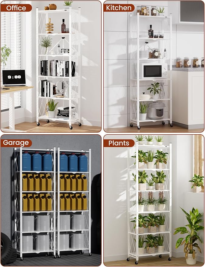 ALANNG 73.6 Inch Folding Bookshelf, 6 Tier Metal Bookcase and Bookshelves, Tall Shelves for Living Room Office Bedroom, Heavy Duty Book Shelve Free Standing Open (White, 2PACK)