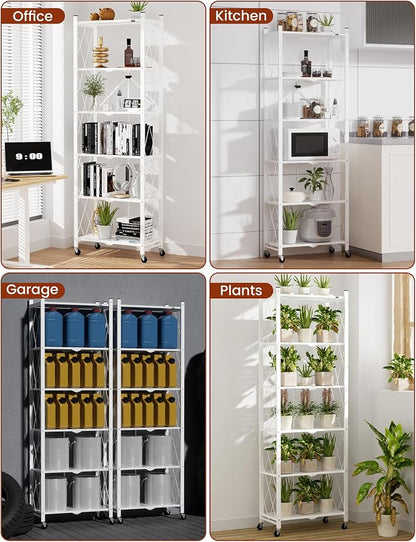 ALANNG 73.6 Inch Folding Bookshelf, 6 Tier Metal Bookcase and Bookshelves, Tall Shelves for Living Room Office Bedroom, Heavy Duty Book Shelve Free Standing Open (White, 2PACK)