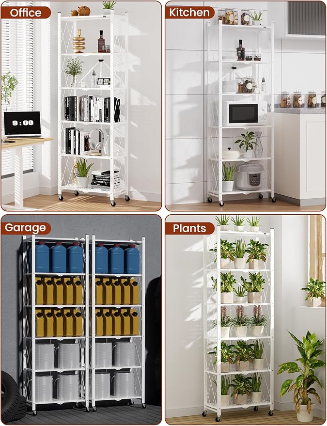 ALANNG 73.6 Inch Folding Bookshelf, 6 Tier Metal Bookcase and Bookshelves, Tall Shelves for Living Room Office Bedroom, Heavy Duty Book Shelve Free Standing Open (White, 3PACK)