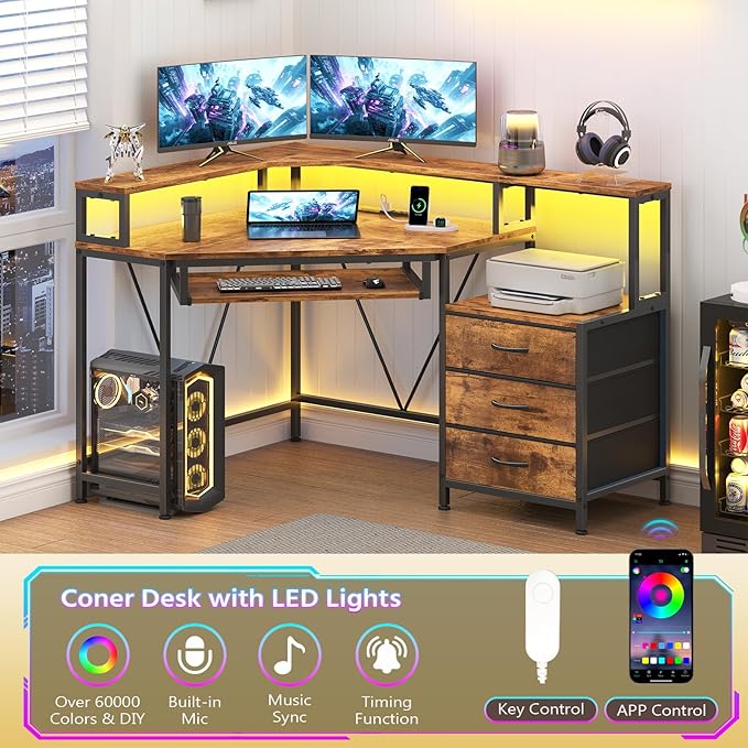 YOMILUVE Corner Desk with Power Outlets, Small Computer Desk with Drawers & Printer Shelf, Triangle Gaming Desk with LED Lights, Keyboard Tray and Monitor Stand for Small Space, Rustic Brown