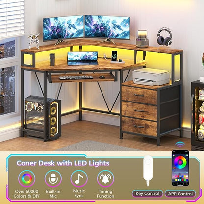 YOMILUVE Corner Desk with Power Outlets, Small Computer Desk with Drawers & Printer Shelf, Triangle Gaming Desk with LED Lights, Keyboard Tray and Monitor Stand for Small Space, Rustic Brown