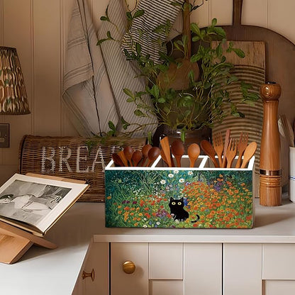 Black Cat Pen Pencil Holder for Desk, Black Cat Mom Lady Lovers Gifts for Women, Pet Lover Gifts, Cottagecore Wildflower Kitten Wooden Box Sign Decorations for Home Office Desk Tabletop