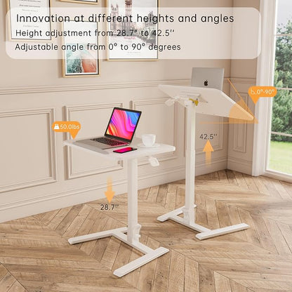 alawooder 25 Inch Mobile Folding Desk - No Assembly, Pneumatic Sit-Stand, 29-42" Height Adjustable Rolling Laptop Desk with Hidden Wheels, 0-90° Tilt Top for Home Office, Craft & Study
