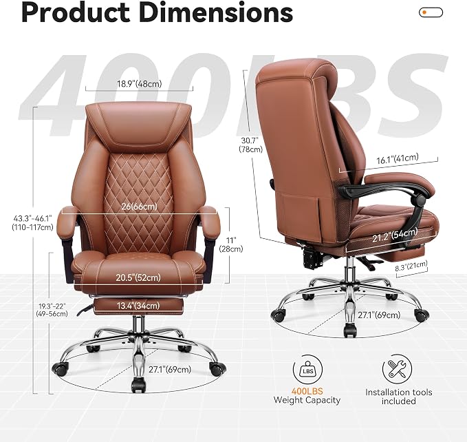 Office Chair, Executive Leather Chair Adjustable High Back, Ergonomic Computer Desk Chair Lumbar Support, Big and Tall Office Chair with Footrest, Comfy Reclining Chair for Home Office