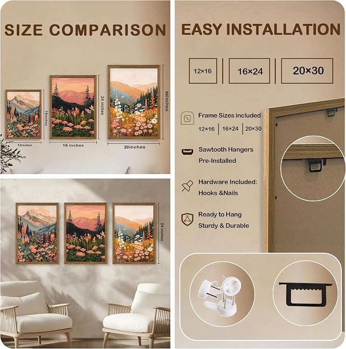 WRFON Botanical and Flower Canvas Wall Art, Framed Mountain Landscape Wall Art Set of 3, Wildflower Meadow Canvas Print, Rustic Nature Decor for Living Room Bedroom Cabin Lodge Farmhouse Decor, 16x24