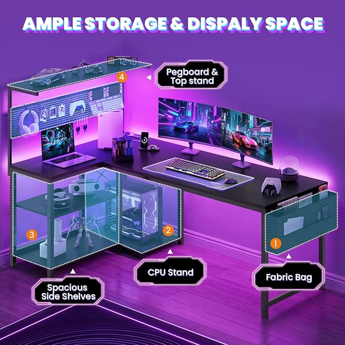 Apicizon L Shaped Desk Gaming Desk with LED Light & Power Outlet, 55 Inch Reversible Computer Desk with Pegboard & Shelf & Storage Bag for Home Office, Black