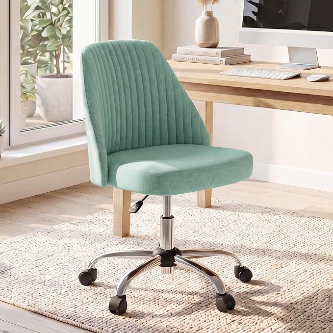 DUMOS Office Chair, Comfy Desk Chair Rolling Vanity Swivel Task Chairs with Wheels, Wide Seating Armless Height Adjustable Computer Chairs for Home,Bedroom,Student,Adults, Green