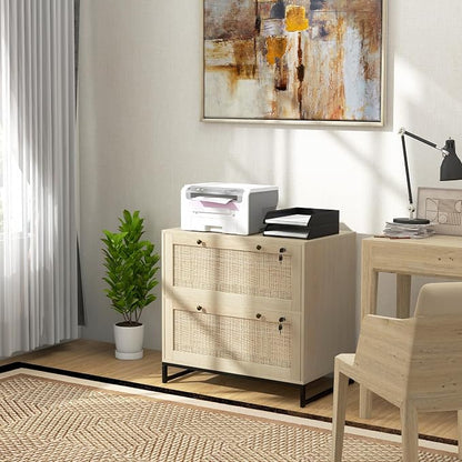 Vinsetto 2 Rattan Drawer File Cabinet with Lock, Lateral Filing Cabinet with Adjustable Hanging Bar for Letter, A4 and Legal Size Files, Printer Stand for Home Office, Natural