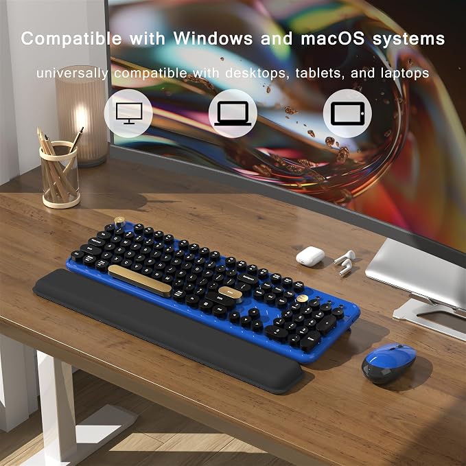 MPTOG Colorful Wireless Computer Keyboard and Mouse Combo with Round Typewriter Keycaps, Retro Design, Power Switch, Ergonomic Design, 2.4GHz Wireless for Windows, Mac, PC(Black-Blue)