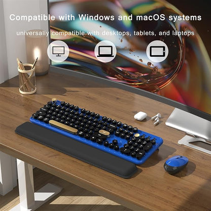 MPTOG Colorful Wireless Computer Keyboard and Mouse Combo with Round Typewriter Keycaps, Retro Design, Power Switch, Ergonomic Design, 2.4GHz Wireless for Windows, Mac, PC(Black-Blue)