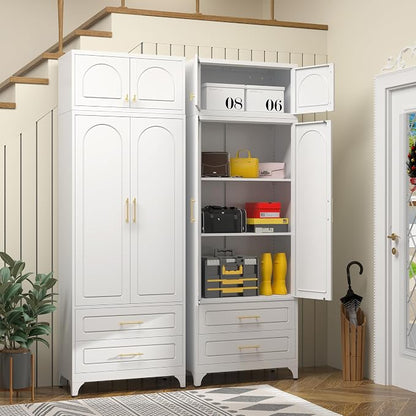Metal Storage Cabinet with Doors and Shelves, 90" Tall Kitchen Pantry Storage Cabinets with 2 Drawer, White Pantry Closet, Steel Large Cupboard, High Leveling Feet- Assembly Required