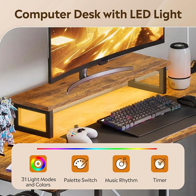 DEVAISE 48 Inch L Shaped Gaming Desk with Drawers and Storage, Corner Desk with LED Lights, Power Outlets, Computer Desk with Monitor Stand, Office Desk for Home, Rustic Brown