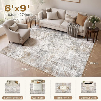 UERMEI 6x9 Area Rug Living Room Rugs - Washable Neutral Modern Abstract Soft Thin Large Rug Indoor Floor No Slip Rug Carpet for Bedroom Under Dining Table Home Office Decor - Brown Grey