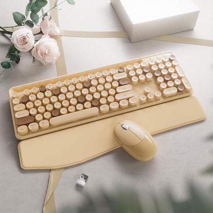 Wireless Keyboard and Mouse, Colorful 104-Key QWERTY with Round Keys, Phone Holder, Wrist Rest, Power Buttons, 2.4GHz USB for PC Laptop (Milk-Tea Colorful)