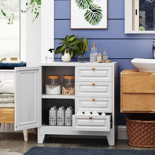 Bathroom Storage Cabinet with 4 Drawers,Metal Bathroom Floor Cabinet with Door and Shelves,Toilet Paper Storage Cabinet for Bathroom,Home,33" H x 31.5" W x 15.75" D,White