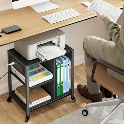 GarveeLife Small Printer Stand with Power Outlets, Rolling Printer Table with Lockable Wheels, Under Desk Printer Cart with Storage, Utility Storage Cart for Home, Office, Black
