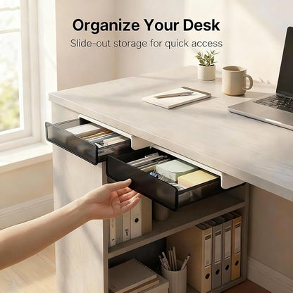 OSPNIEEK Self-adhesive Under Desk Drawer Organizer, 2 Pack Table Hidden Slide Out Large Storage Mounted Desktop Pencil Holder Tray Drawers for Office Home School Stationery Kitchen (Large, Black)
