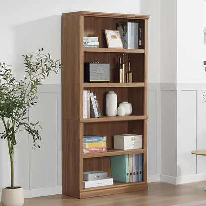 blini 5-Shelf Tall Bookcase Wooden Bookshelves 33in Wide Floor Standing Display Storage Book Shelves 70 in Oak Bookcase for Home Office, Living Room, Bed Room