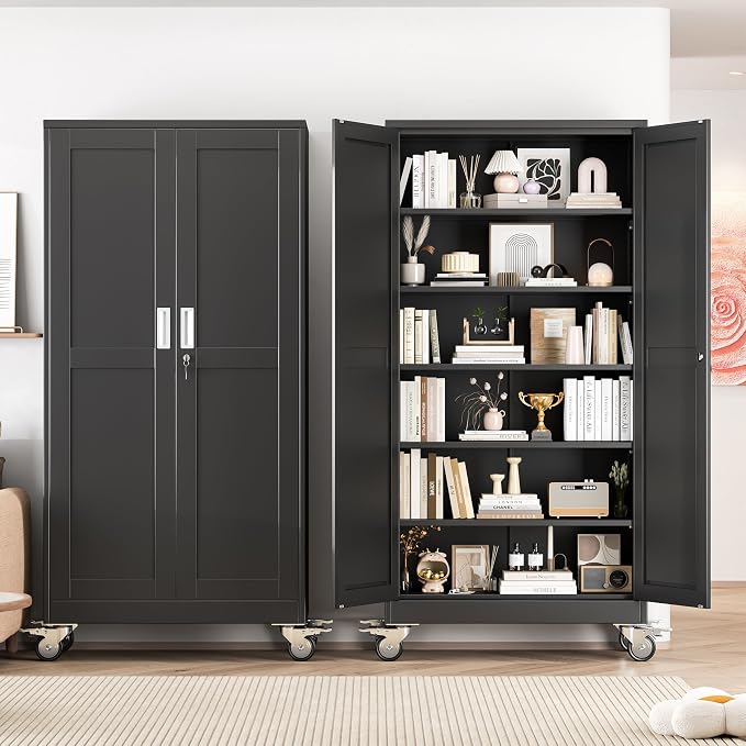 Metal Garage Storage Cabinets and storage system, 74”Tall Rolling utility cabinet with Wheels, Lock, 5 Adjustable Shelves, Heavy Duty Steel Tool Locker for Home Office, Utility Room, Gym,Black