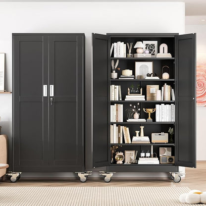 Metal Garage Storage Cabinets and storage system, 74”Tall Rolling utility cabinet with Wheels, Lock, 5 Adjustable Shelves, Heavy Duty Steel Tool Locker for Home Office, Utility Room, Gym,Black
