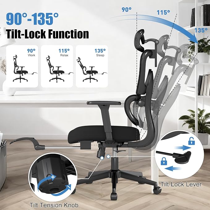 Ergonomic Office Chair with Footrest – Adjustable Lumbar Support, 3D Armrests & Headrest, Wide-Seat High-Back Mesh Computer Chair with Casters, Suitable for Home & Office, Black