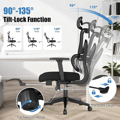Ergonomic Office Chair with Footrest – Adjustable Lumbar Support, 3D Armrests & Headrest, Wide-Seat High-Back Mesh Computer Chair with Casters, Suitable for Home & Office, Black
