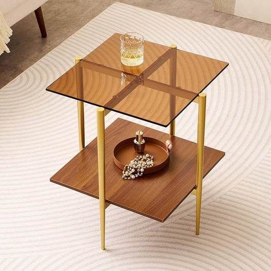 LumFurn Glass End Table, Mid-Century Modern Design Sofa Table, L18 x W18 x H23, for Living Room, 2-Tier Structure, Amber Glass Top and Walnut MDF Shelf, Sleek Conical Metal Legs with Gold Finish Frame