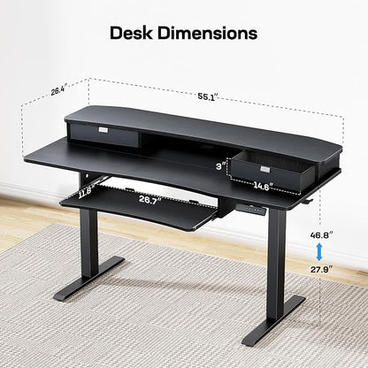 HUANUO 55" x 26" Electric Standing Desk with 2 Drawers & 26.7" Large Keyboard Tray, C-Clamp Mount Compatible, Adjustable Computer Desk for Home Office, Stand Up Desk with 4 Height Presets, Black