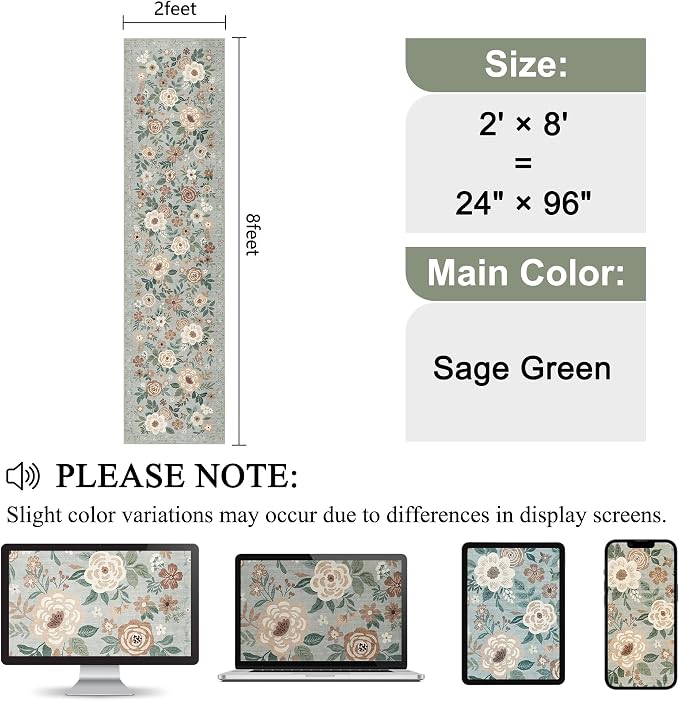 DUKINO 2x8 Runner Rug for Hallway, Washable Kitchen Runner Rug with Rubber Backing Non Slip, Low Pile Soft Boho Floral Thin Carpet for Entryway, Hallway, Bathroom, Laundry Room, Sage Green