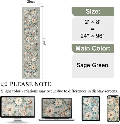 DUKINO 2x8 Runner Rug for Hallway, Washable Kitchen Runner Rug with Rubber Backing Non Slip, Low Pile Soft Boho Floral Thin Carpet for Entryway, Hallway, Bathroom, Laundry Room, Sage Green