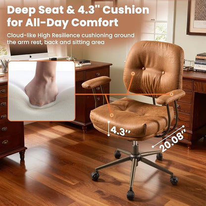 Leather Home Office Chair, Mid Back Ergonomic Desk Chair with Lumbar Support, Mid Century Modern Deep Seat Swivel Rocking Computer Chair, Brown