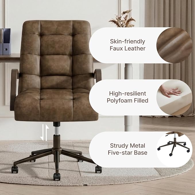 KISLOT Home Office Desk Chair, Ergonomic Office Chair with Square-Patterned Leather Upholstery, Adjustable Swivel Computer Chair with Wood Arms & Wheels, Soft-Rounded Front Edge, Brown