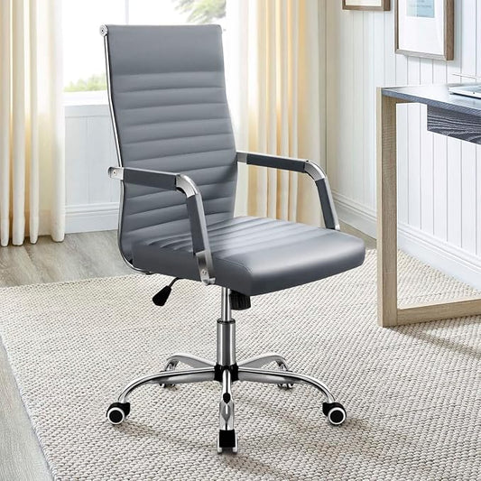 Shahoo Ribbed Office Chair, Mid-Back PU Leather Office Chair Executive Task Chair with 360° Swivel Wheels for Conference Room, Home Offices (Grey)