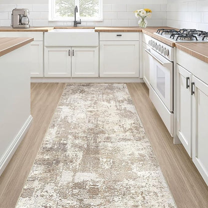 Runner Rug Kitchen Washable Rugs: 2x5 Non-Slip Abstract Soft Modern Stain Resistant Indoor Floor Neutral Accent Throw Carpet for Hallway Bathroom Laundry Room Entryway Bedroom- Beige Brown