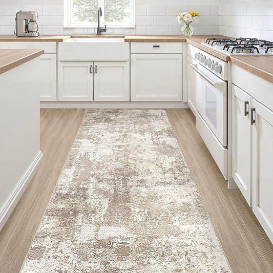 Runner Rug Kitchen Washable Rugs: 2x6 Non-Slip Abstract Soft Modern Stain Resistant Indoor Floor Neutral Accent Throw Carpet for Hallway Bathroom Laundry Room Entryway Bedroom- Beige Brown