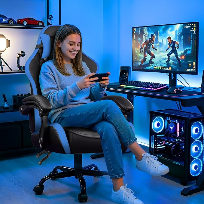 GTPLAYER Gaming Chair High Back Computer Chairs for Adults, Ergonomic Height Adjustable Recliner Chair 300lbs with Linkage Armrest and Lumbar Support for Home Office, Dark Blue