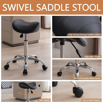 FIRAVOE Saddle Stool, Swivel Saddle Stools with Wheels, Adjustable Rolling Stool 18"-26", Faux Leather Rolling Saddle Stool for Salon, Massage, Clinic, Lab, Office (Black, 1PCS (18"-26"))