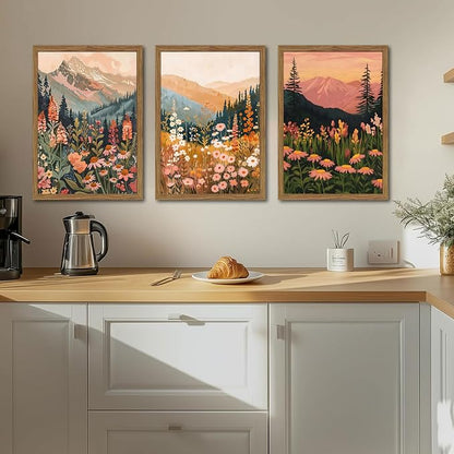 Boho Colorful Landscape Wall Art Set of 3, Vintage Wildflower Mountain Canvas Wall Decor Paintings, Rustic Nature Floral Pictures Prints for Living Room Bedroom 16x24 Inch Wood Framed
