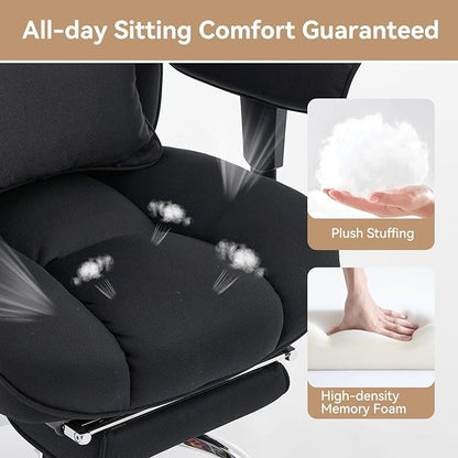 Efomao Executive Office Chair, Mesh Black Fabric Big and Tall Desk Chair | Breathable fabric, pocket spring & foam seat, retractable footrest, 135° recline for computer gaming setup