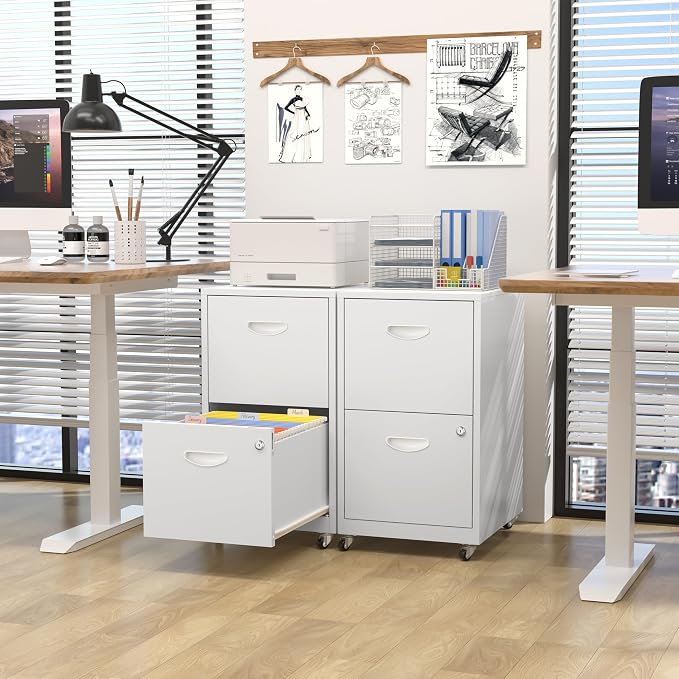 2 Drawer Mobile File Cabinet with Lock, White Metal Filing Cabinets with Wheels, Vertical Rolling File Cabinet Fit Hanging Files, Letter and A4 Documents