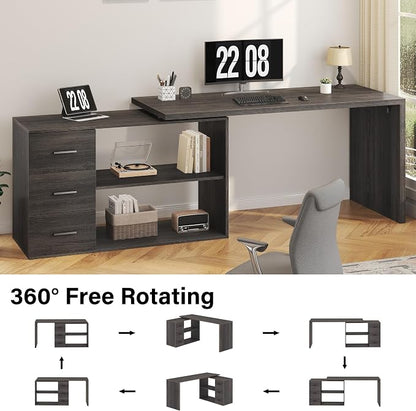 HSH L Shaped Office Desk with Drawers Shelves 55-76 Inch, Corner Computer Desk with Storage 360 Rotating Long for Work, Executive, Study, Writing, Teacher, Bedroom Modern Gaming Table, Dark Grey