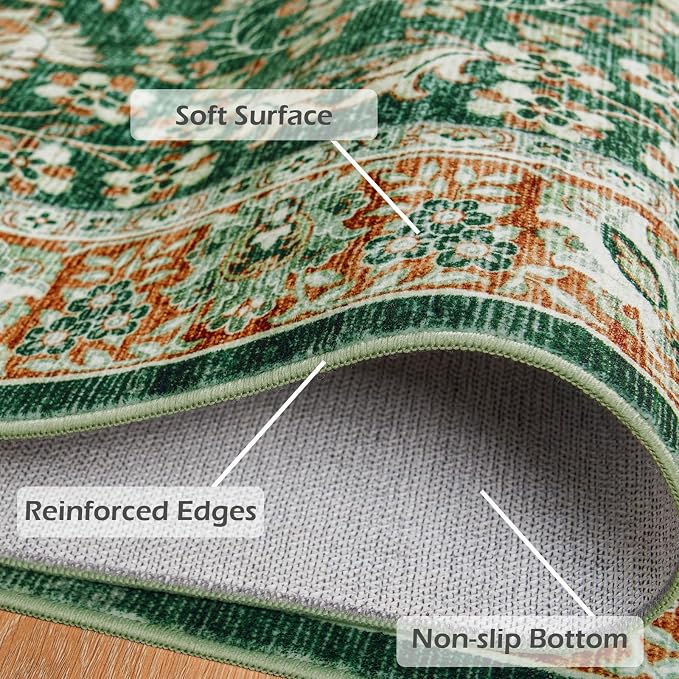 Goideal Washable Rug 8x10, Vintage Area Rugs Non Slip, Indoor Low Pile Carpet with Rubber Backing for Living Room Kitchen Bathroom Entryway Office Bedroom, Green & Orange